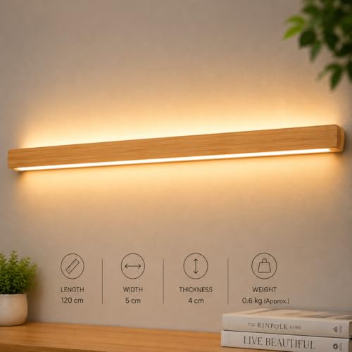 Image of EMON Premium Wooden LED Wall Light Bar 100cm | Modern Warm White Wooden Wall Lamp | Minimalist Decorative Light for Bedroom, Living Room, Staircase & Hotel Decor