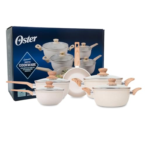 OSTER JOGO DE PANELAS E FRIGIDEIRA MARBLE EDITION CREAM – 5 PEÇAS COM REVESTIMENTO CERÂMICO ANTIADERENTE, ALÇAS EM SILICONE ANTITÉRMICO E BASE COMPATÍVEL COM INDUÇÃO