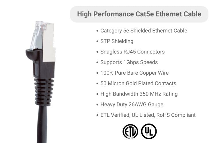 CablesAndKits - Shielded (STP) Cat5e Ethernet Cable, Booted, Jacket: PVC (CM), 20 ft, Black, Pure Copper, RJ45 Computer & Networking Patch Cord