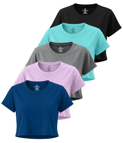 Image of Real Essentials 5 Pack: Women's Dry-Fit Crop Top Short Sleeve Shirts Workout Gym Cropped Athletic Tee (Available in Plus)