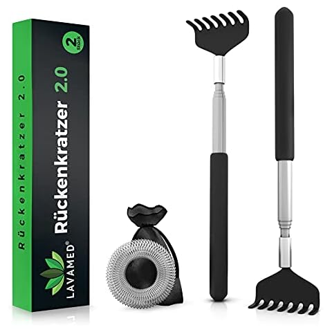 LAVAMED 2x Rückenkratzer ausziehbar - Doppelpack stabiler Rückenkrauler aus Edelstahl mit 58 cm langem Teleskop-Arm im 2er Set als Kratzhilfe zum Kratzen und Kraulen am Rücken Cover
