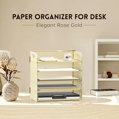 Image of Supeasy 5 Trays Paper Organizer Letter Tray with Handle-Mesh Desk File Organizer, Paper Sorter Desk Organizer for Office, Home or School (Golden)