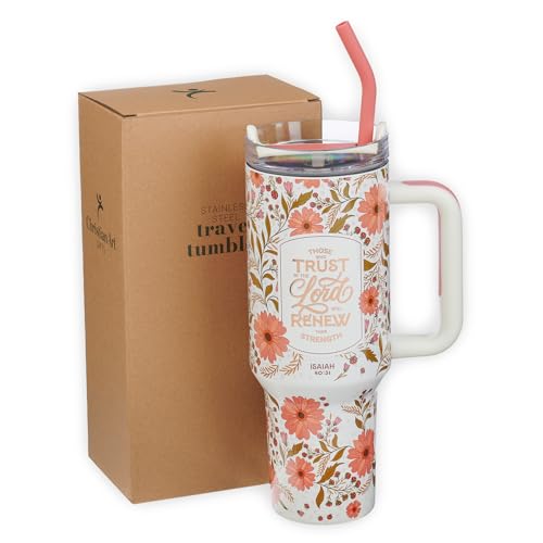 Image of Christian Art Gifts 40 oz Tumbler for Women: Trust in the Lord Bible Verse, Stainless Steel, Insulated Travel Mug with Lid, Reusable Straw & Flex Tip, White & Pink Floral, Encouraging Gift for Women
