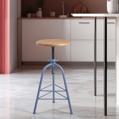 Butacos de Bar, Juego de 2 Butacos de Madera Sólida y Metal, Ajustables en Altura (24"-28.35"), Giratorios, Asiento Redondo, 3 Patas, Base Azul y Tapizado en Roble miniatura 7