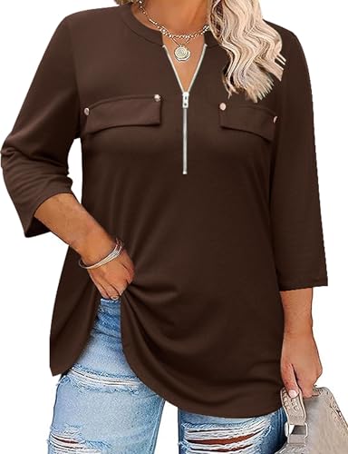 Kancystore Women's Plus Size Three Quarter Sleeve Tops V Neck Holiday Halloween Fall Clothing Brown 3X