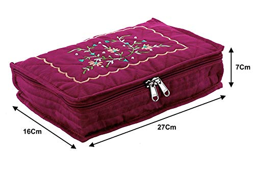 Image of Amazon Brand - Solimo Cotton Blend Embroidery Jewellery Kit cum Pouch, Maroon Satin Jewellery Pouch Cum Makeup Kit, Gold