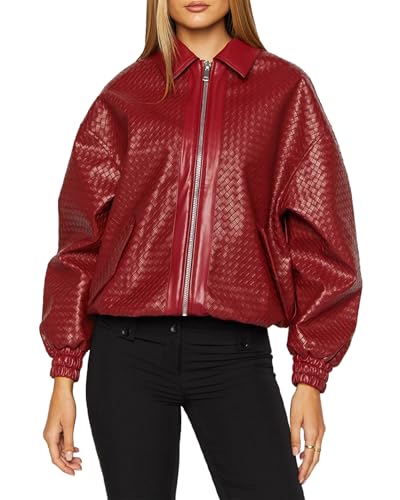 VOIKERDR Red Leather Jacket Women Trendy Zip Up Jackets Faux