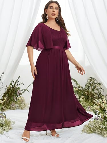 Knitee Women'S Plus Size Half Sleeves Cape Dress Lace Chiffon V Neck Evening Party Maxi Dress A-Wine thumb #3