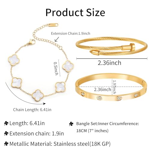 18K Gold Plated Four Leaf Clover Bracelet Bangle Set for Women Stack Bracelets Stainless Steel Bangle Set for Love Trendy Jewelry Gifts for Women (3 Sets(Bracelet,2Bangle))2