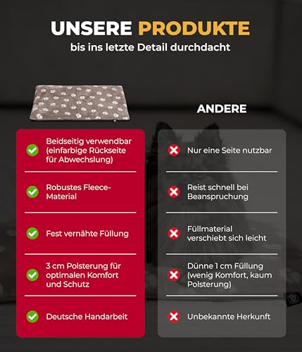 HS-Hundebett® Hundedecke XS (45x65 cm) – Wendbar & gemütlich Dank 3 cm Füllung – Perfekt fürs Sofa, Auto & Hundebox – Tatze Beige, Made in DE