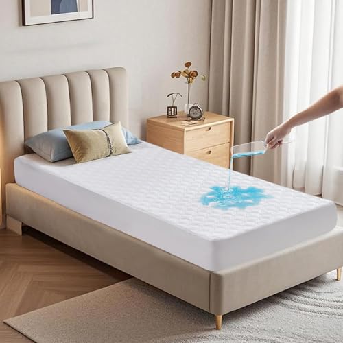 BEDLORE 防水·防ダニ ボックスシ一ツ シングル 洗える 無音 通気性よい 敷きパッド一体型ボックスシーツ 使いやすい 耐久性が高い ズレにくい 柔らかく肌に優しい オールシーズン マットレスカバー 中綿 ベッドシーツ 140X200cm ホワイト