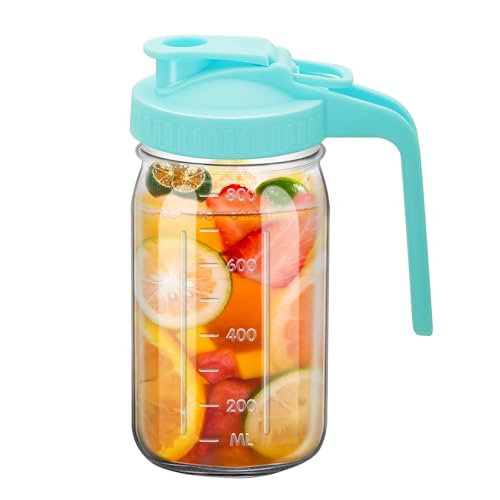 1Pc Wide Mason Jar Pitcher,32oz Glass Pitcher with Lid Double Leak-proof with Handle Water Jug Wide Mouth Breast Milk Pitchers Fridge Container for Water, Juice (1, Blue)