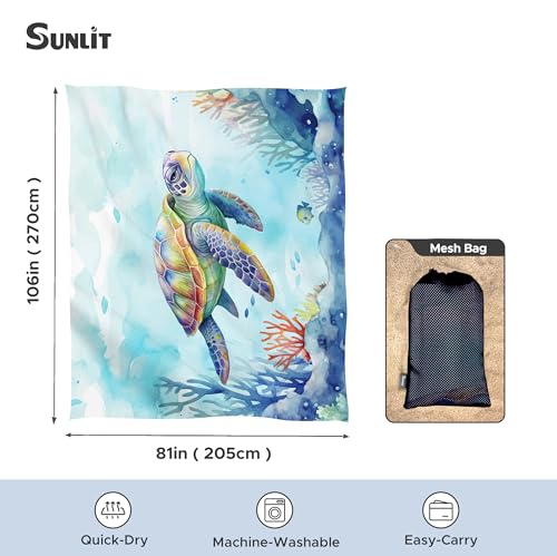 Image of Sunlit Silky Soft 81 inchx106 inch Sand Proof Beach Blanket Sand Proof Mat with Corner Pockets and Fashion Mesh Bag for Beach Party, Travel, Camping and Outdoor Music Festival, Vibrant Turtle and Coral