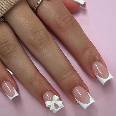 Enppode French Tips Nails Medium Press on Nails Square Fake Nails White Nails Glossy Stick on Nails for Women 24 PCS/Set Cover