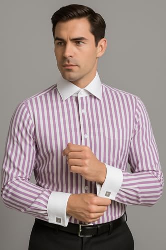 Image of Men's Premium Cotton Formal Dress Shirt - White Collar & French Cuffs with Cufflinks | Solid White, Micro Check & Striped for Office, Wedding