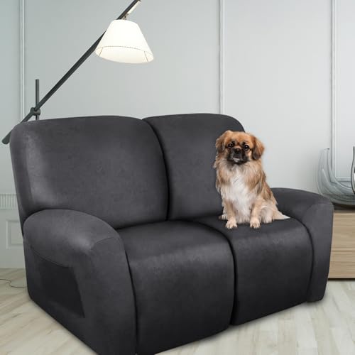 Image of ANARACHON Loveseat Recliner Cover Leather Look Recliner Loveseat Covers Recliner Sofa Cover for 2 Seater Reclining Couch Spandex Fabric Washable 6 Pieces (2 Seater, 01 Dark Gray)