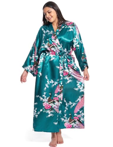 Image of Women's Floral Long Satin Robes Plus Size Long Silk Robes Peacock Floral Kimonos Sleepwear Dressing Gown