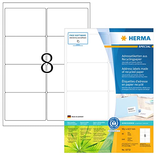 Herma 10732 Etichette Riciclate Din A4 (99,1 X 67,7 Mm, 80 Fogli, Carta Riciclata Opaca), Autoadesive, Stampabili, Adesivi Permanenti, 640 Etichette A