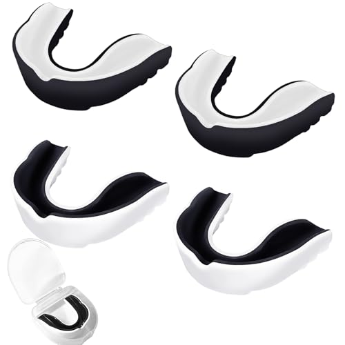 SAIIURV 4 Stücke Sport Zahnschutz, Zahnschutz mit Tragbar Hygienebox, Sport Mundschutz Für Alle Vollkontakt-Sportarten, Für Boxen, Rugby, Kickboxen, Judo, Karate, Hockey & Kampfsport (Schwarz, Weiß)