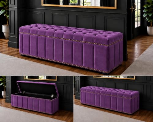 Image of Tufted Velvet Storage Ottoman Bench with Nailhead Trim (Maroon) | Velvet Storage Ottoman Bench