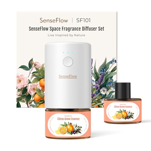 SenseFlow Diffusore di Oli Essenziali SF101 Pro Ultrasuoni Senza Acqua Profumatore per Ambienti, 100% Vegetale, Aroma fino a 120 Giorni, LED, Ideale per Casa, Hotel e Studio - Citrus Grove Essence