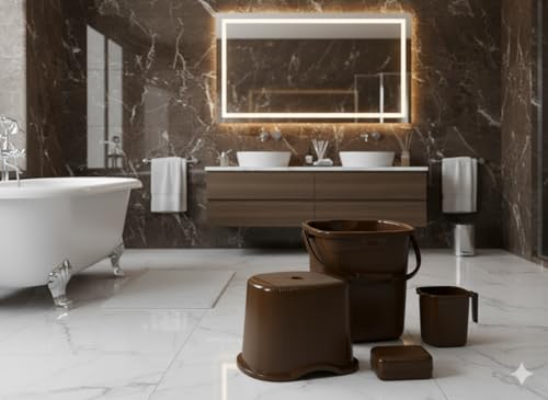 Image of MODWARE Bathroom Set, Pack of 4, Bucket, Mug, Soap Case, Stool, 20L, Polypropylene (Brown)