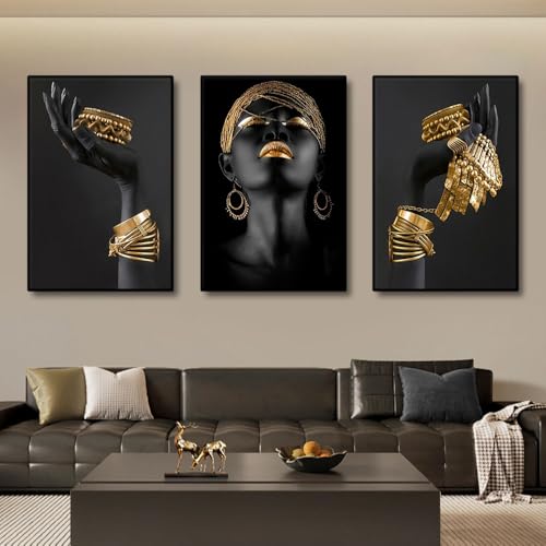 Affiches femmes noires africaines aux détails dorés éclatants et cadre en bois