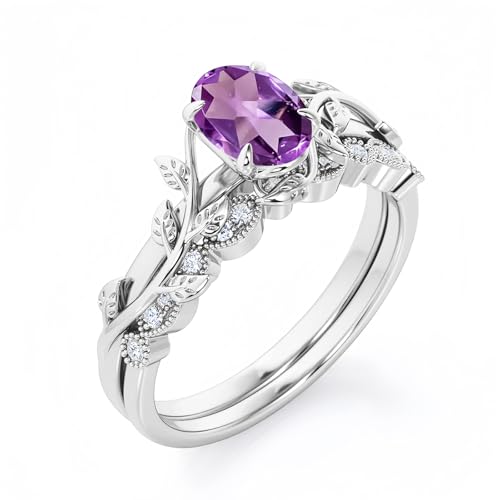 Oval Gemstone Leaf Ring Set for Women 925 Sterling Silver 8x6mm Amethyst Engagement Rings Elegant Vine Wrap Wedding Band Bridal Jewelry Birthstone Gift4