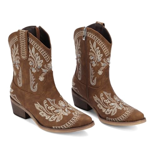 Image of Rhinestone Ankle Cowboy Boots for Women Embroidered Short Cowgirl Boots with Low Heel Side Zipper Comfortable Chunky Heel Western Booties for Prom Party Wedding Pull On Shoes