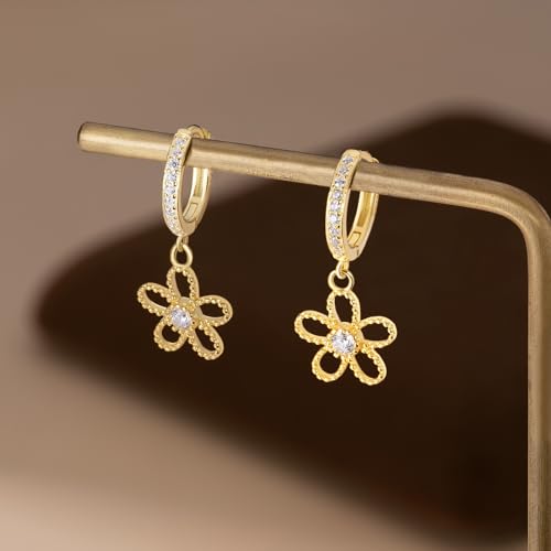 Reffeer Solid 925 Sterling Silver CZ Flower Hoop Earrings Drops for Women Teens Flower Hoop Earrings Huggie4