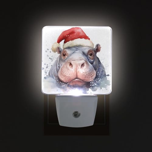 Image of Hippo Christmas Hat Night Lights 2 Pack Plug-in Wall Led Nightlight Auto Dusk-to-Dawn Sensor Lamps for Bedroom Kitchen Bathroom