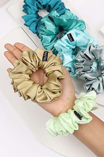 Image of Premium Satin Scrunchies for Women | Hair Bands, Ponytail Holders & Rubber Bands | Fluffy, No-Damage Hair Ties | Girls Hair Accessories | Medium Size | Pack of 6