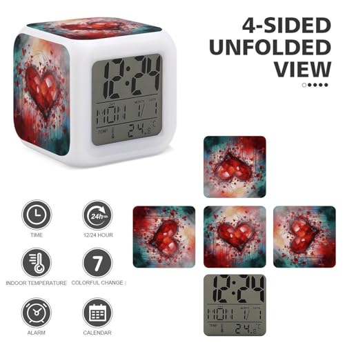 Reloj despertador digital LED de corazón con luz nocturna de 7 colores y fecha 4