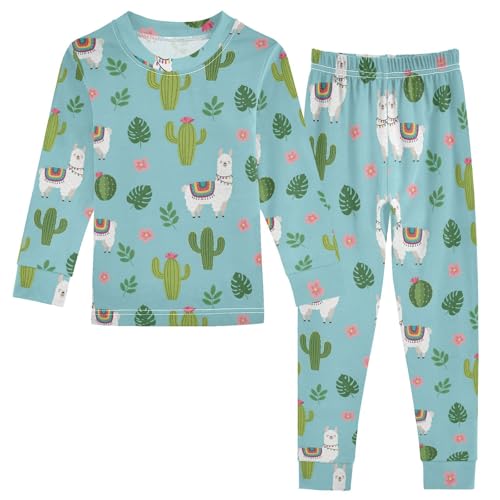 Pajama Sets Long Sleeve Alpaca Cactus Flower Leaves Soft Comfy Sleepwear 2 Piece PJS 3-8T