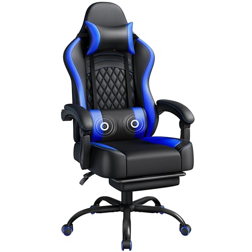 Yaheetech Silla Gaming con Respaldo Alto Almohada Lumbar de Masaje Silla de Escritorio Ergonómica Ajustable en Altura con Reposacabezas Extraíble Reposapiés Función de Inclinación Negro/Azul