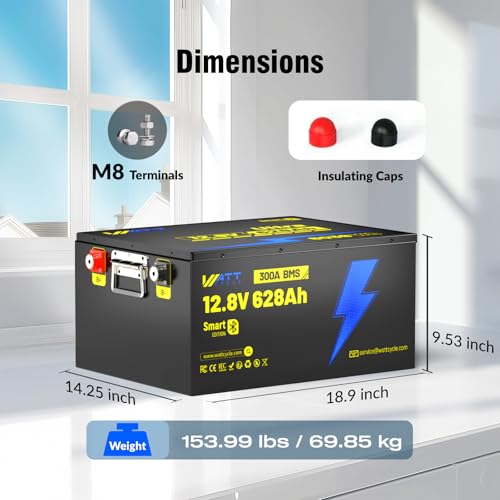 Image of WattCycle 12V 628Ah LiFePO₄ Battery, Lithium Battery 12V 300A BMS, Lithium RV Batteries Built-in Bluetooth, 8038Wh Energy Storage, IP65 Waterproof, Perfect for Home Energy, RV, Marine, Solar, Off-Grid