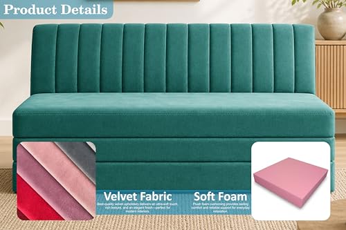 Image of 3-Seater Foldable Floor Sofa Bed with, Modern Velvet Fabric Folding Couch for Living Room, Guest Room & Small Spaces-Green
