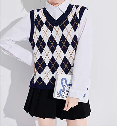 Hyipels Argyle Sweater Vest Women,Y2K Sleeveless Sweaters Plaid Knitted Long Streetwear Preppy V Neck School Tank Top #TOP1