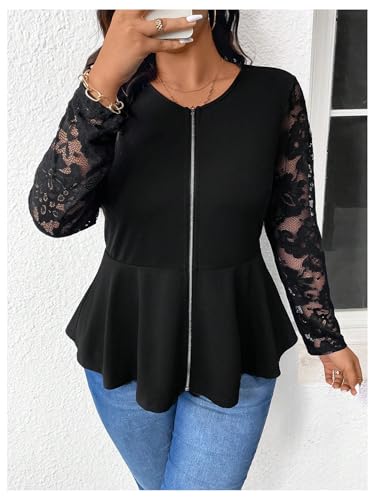 WDIRARA Women's Plus Size Lace Zip Up Jacket Mesh Long Sleeve Ruffle Outerwear Peplum Jackets4