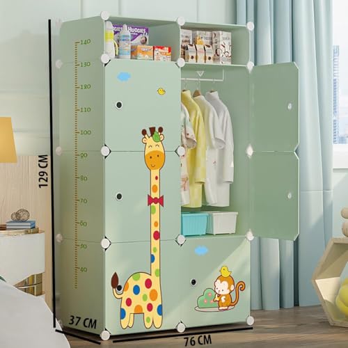 Image of Mevigo 1-Door Plastic Wardrobe for Kids| Almirah and Wardrobe for Baby Clothes| Modular Storage Cabinet with Wheels|Kids Multi-Purpose Collapsible Wardrobe for Shoes /Books-Green-S3