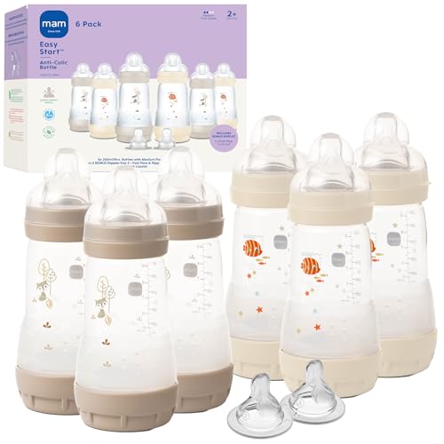 Image of MAM 9oz Easy Start Anti-Colic Baby Bottles, Medium Flow with 2 Bonus Nipples Set (Fast & Extra Fast Flow), Reduces Colic, Gas, & Reflux, Easy-to-Clean, BPA-Free, 2+ Months, Made in Europe Pack of 6