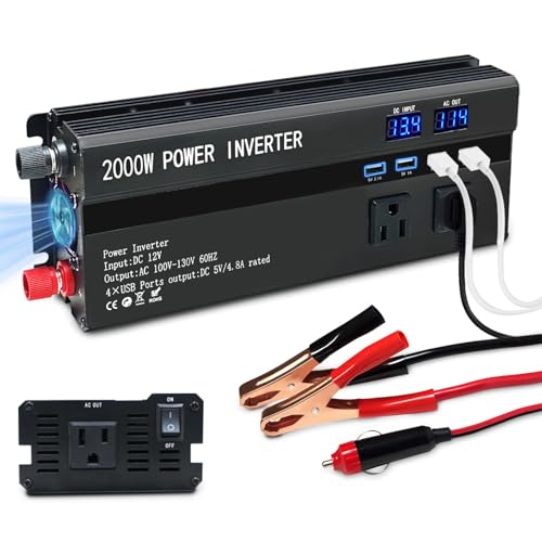 Car Power Inverters 2000W Inverter - 12v DC to 110v AC Converter with 3 AC Outlets 4 USB Port DC 5V/4.8A,Power Inverter 2000w,Car Power Converter for Truck/Home/Vehicles/Laptop Trip