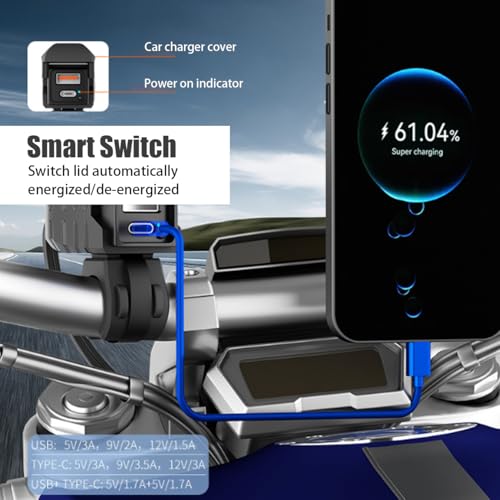 Motorcycle Phone Charger with Voltmeter and Automatic Independent On Off Switch, Waterproof Motorcycle USB Charger for Phone, Tablet, GPS, etc (1)