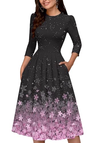 Image of Runwind Vintage Dress for Women - 3 /4 Sleeve Casual A-Line Wedding Guest Cocktail Dress with Pockets