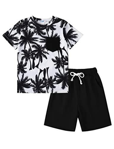 Image of GERU Boy Shorts Sets Hawaiian Outfit Kid Leaves Floral Short Sleeve Shirt Top+shorts Suits