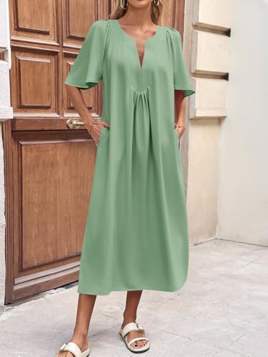 Image of Wenrine Womens Casual Maxi Dress Short Sleeve Loose Flowy Summer Dresses | flutter sleeve, v neck, loose fit, slit, long summer dress, beach, vacation