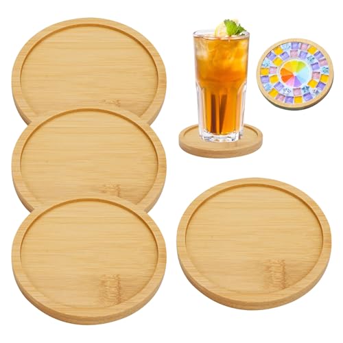 Juego de 4 Posavaso de Bambú, Multiusos Posavasos Redondos de Bambú, Posavasos de Madera para Bebidas para Vasos para Bebidas, Vasos, Bar, Vidrio, Proteger los Muebles 9,5 cm