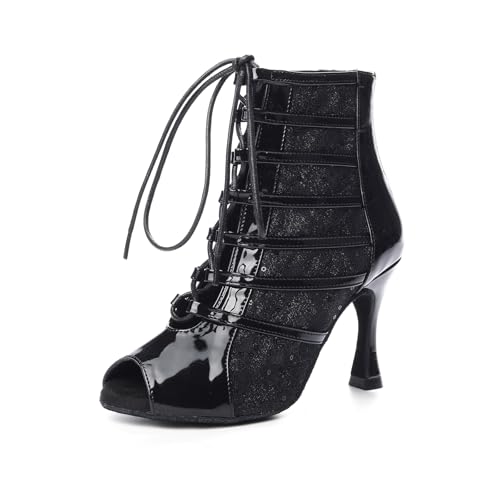 Women Latin Dance Shoes Lace up Open Toe Salsa Ballrooom Dancing Ankle Boots High Heel, Model L583