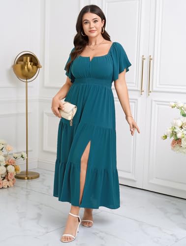 Image of SCOMCHIC Womens Plus Size Maxi Dress Formal Short Sleeve Square Neck Smocked Side Split Flowy A Line Tiered Long Dress