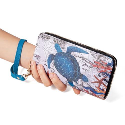 Image of Checkered Cow Print Wallet For Women Skull Goth Frog Butterfly Turtle Ladies Cluth Wristlet Wrist Strap Long Purse Zip Around Card Holder